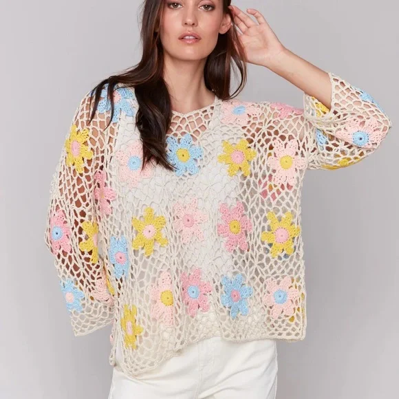 CHARLIE B Pink and Blue Flutter Sleeve Cropped Blouse - Picture 3 of 6